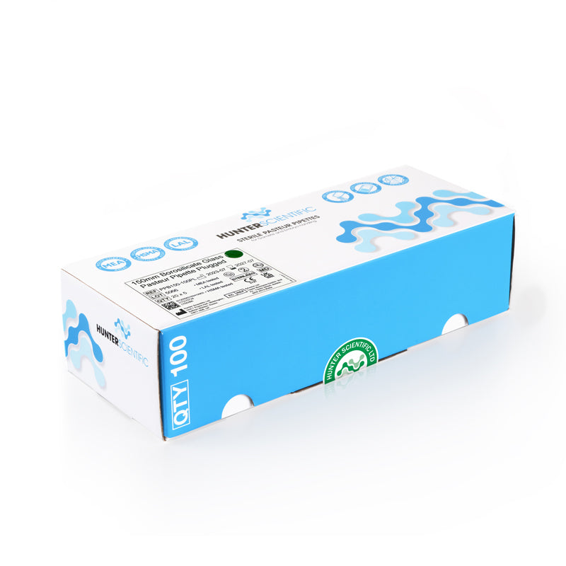 Hunter Sterile pasteurs 150mm borosilicate glass plugged 100